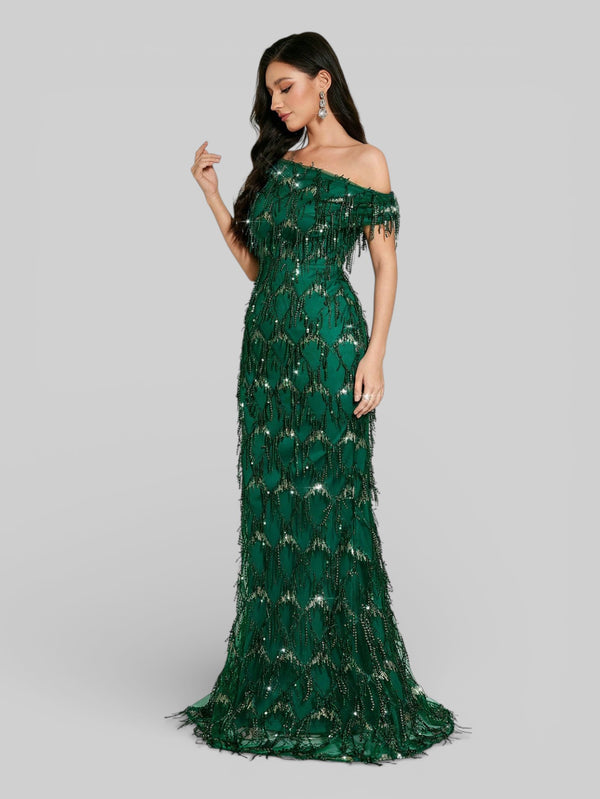 Vestido de Festa Longo Paetê com Franjas Ombro a Ombro Santorini