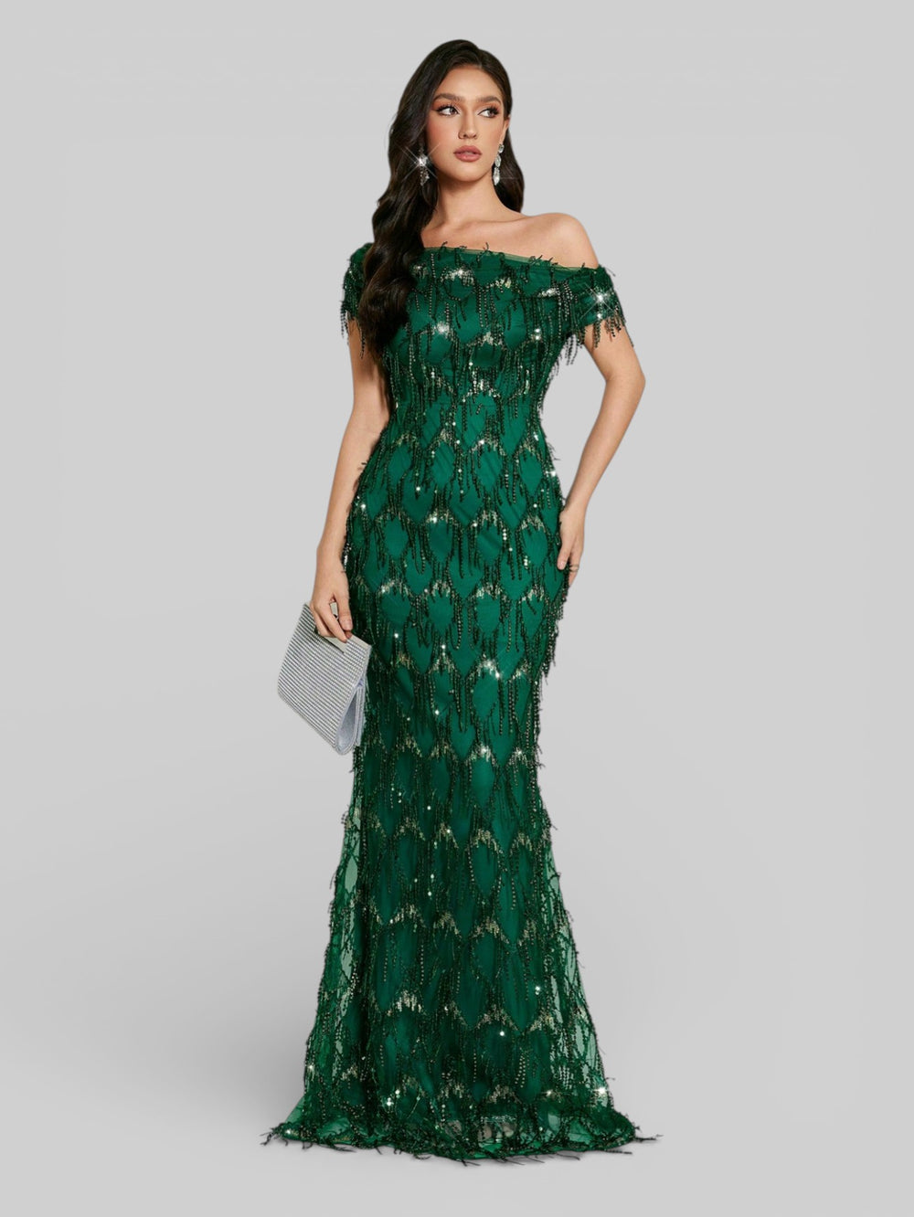 Vestido de Festa Longo Paetê com Franjas Ombro a Ombro Santorini