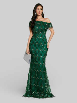 Vestido de Festa Longo Paetê com Franjas Ombro a Ombro Santorini