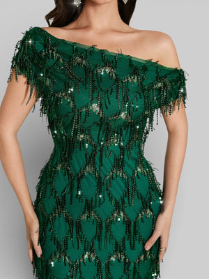 Vestido de Festa Longo Paetê com Franjas Ombro a Ombro Santorini