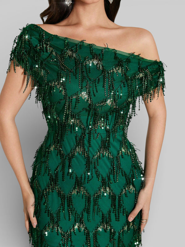 Vestido de Festa Longo Paetê com Franjas Ombro a Ombro Santorini