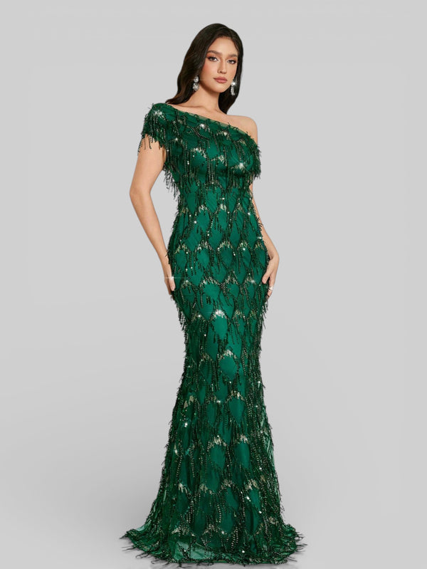 Vestido de Festa Longo Paetê com Franjas Ombro a Ombro Santorini