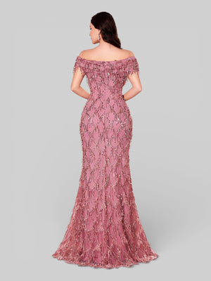 Vestido de Festa Longo Paetê com Franjas Ombro a Ombro Santorini