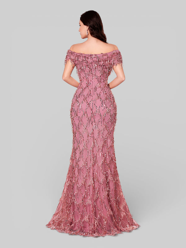 Vestido de Festa Longo Paetê com Franjas Ombro a Ombro Santorini