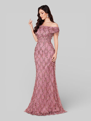 Vestido de Festa Longo Paetê com Franjas Ombro a Ombro Santorini