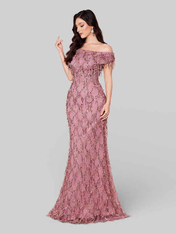 Vestido de Festa Longo Paetê com Franjas Ombro a Ombro Santorini