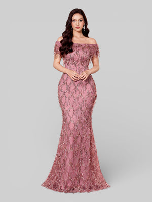 Vestido de Festa Longo Paetê com Franjas Ombro a Ombro Santorini