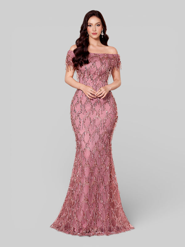 Vestido de Festa Longo Paetê com Franjas Ombro a Ombro Santorini