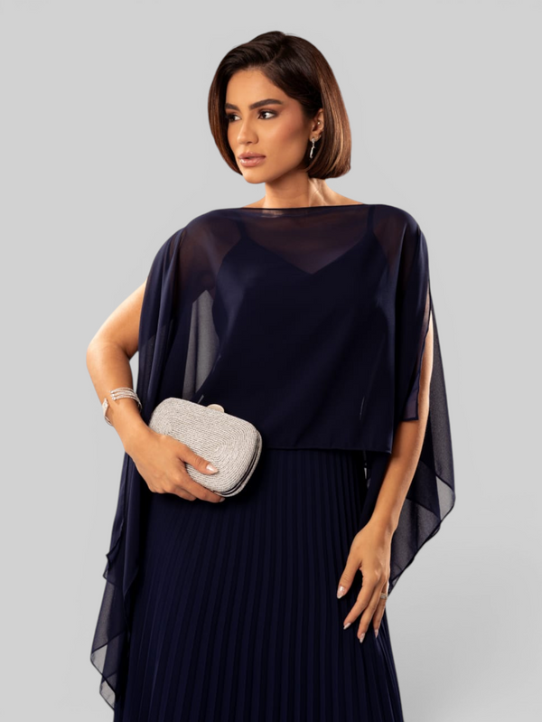 Vestido de Festa Longo Plissado 2 em 1 com Capa Removível