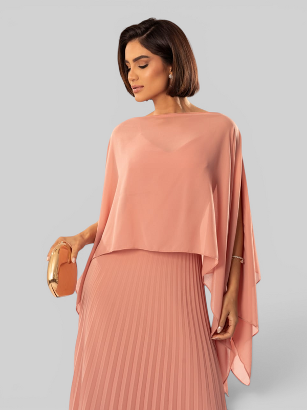 Vestido de Festa Longo Plissado 2 em 1 com Capa Removível