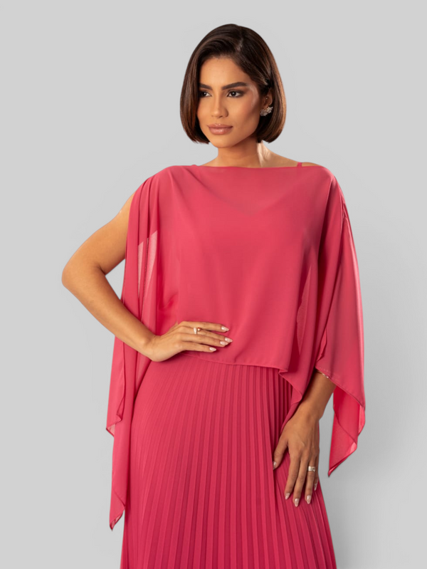 Vestido de Festa Longo Plissado 2 em 1 com Capa Removível