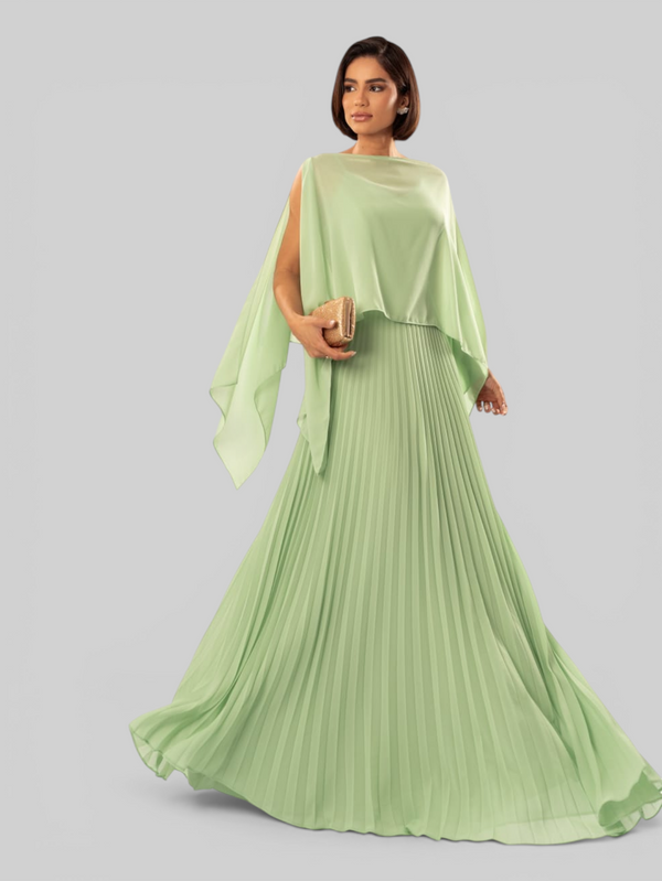 Vestido de Festa Longo Plissado 2 em 1 com Capa Removível