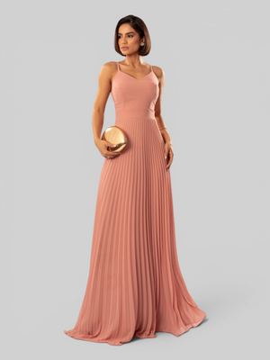 Vestido de Festa Longo Plissado 2 em 1 com Capa Removível