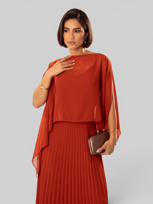 Vestido de Festa Longo Plissado 2 em 1 com Capa Removível