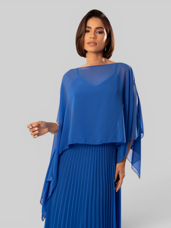 Vestido de Festa Longo Plissado 2 em 1 com Capa Removível