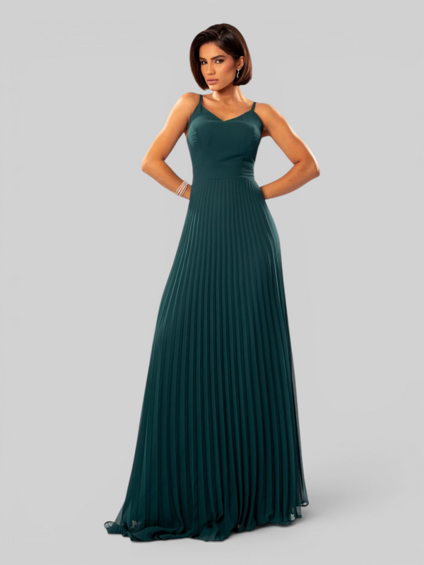 Vestido de Festa Longo Plissado 2 em 1 com Capa Removível