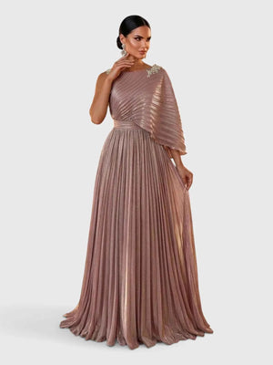 Vestido de Festa Longo Plissado Metalizado com Manga Assimétrica Balman