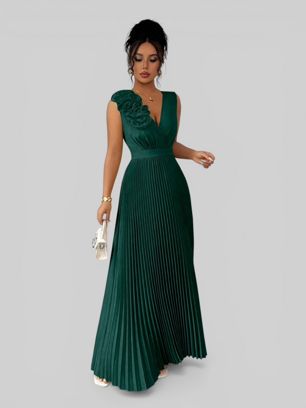 Vestido de Festa Longo Plissado com Alças Flowers