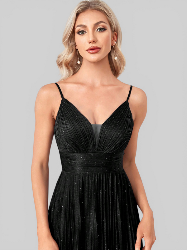Vestido de Festa Longo Plissado com Brilho Emille