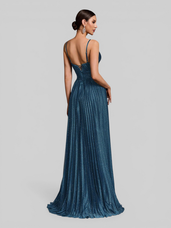 Vestido de Festa Longo Plissado com Brilho Emille