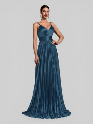 Vestido de Festa Longo Plissado com Brilho Emille