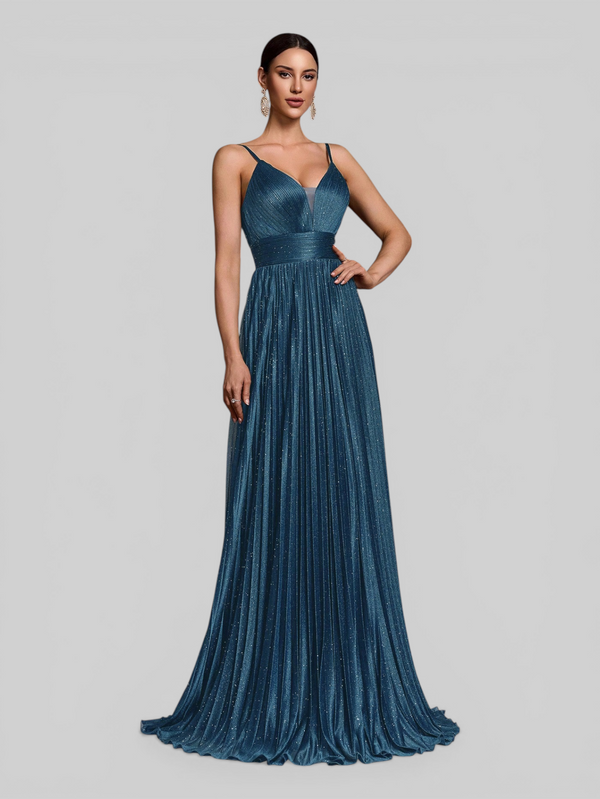 Vestido de Festa Longo Plissado com Brilho Emille