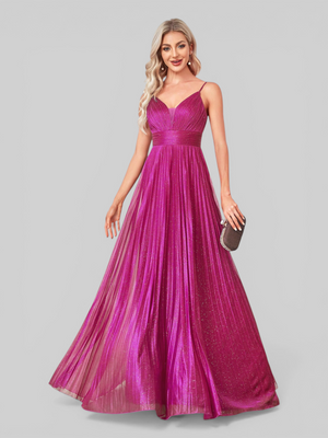 Vestido de Festa Longo Plissado com Brilho Emille