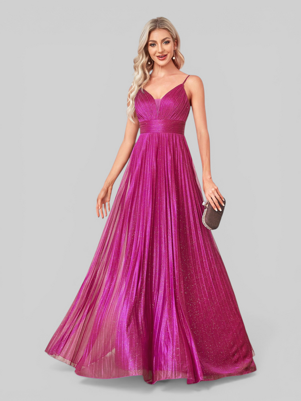 Vestido de Festa Longo Plissado com Brilho Emille