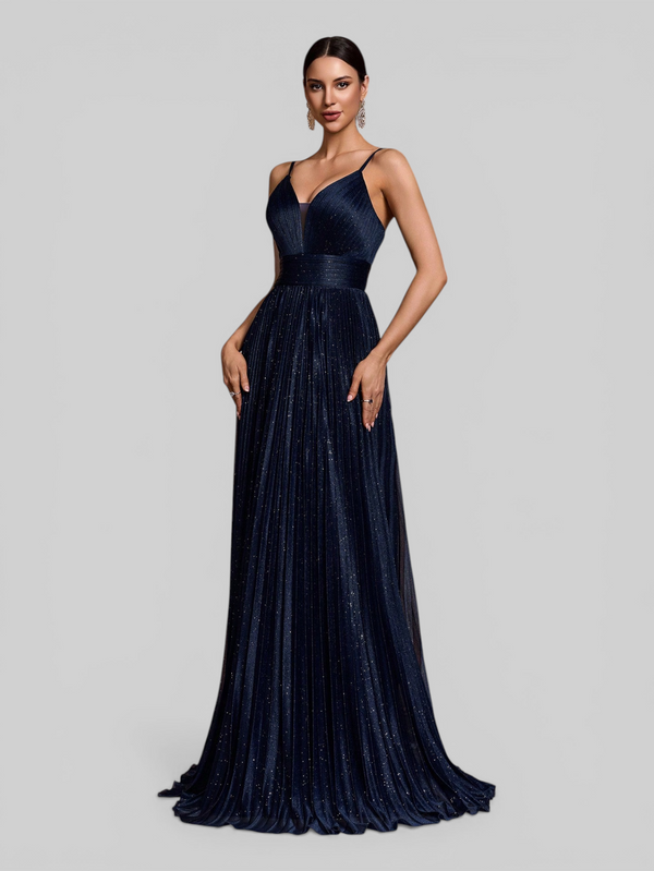 Vestido de Festa Longo Plissado com Brilho Emille