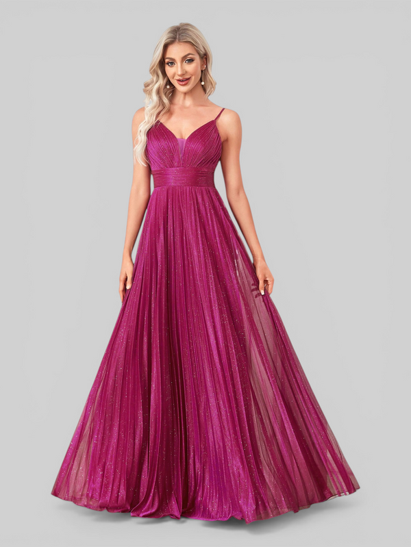 Vestido de Festa Longo Plissado com Brilho Emille