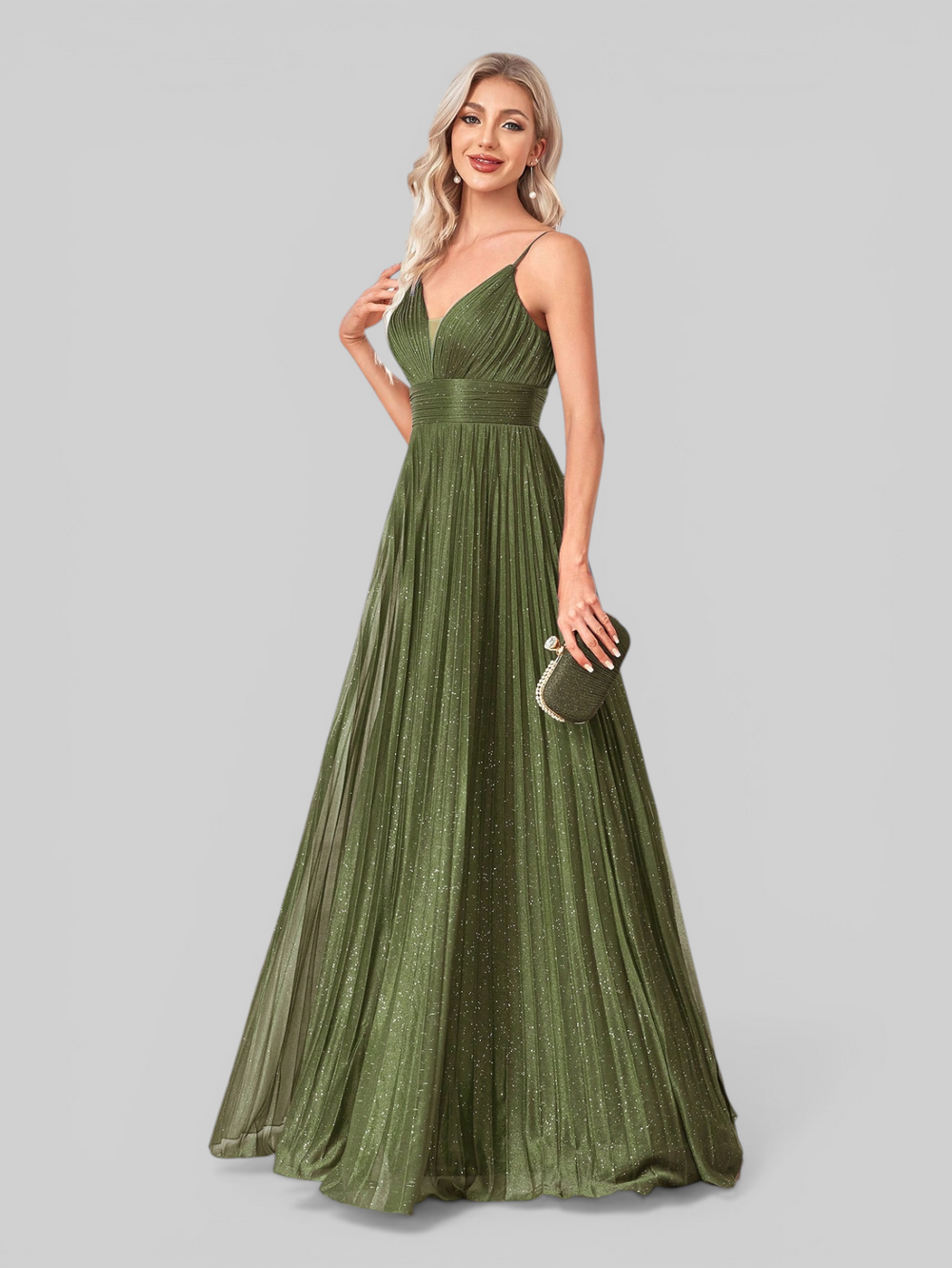 Vestido de Festa Longo Plissado com Brilho Emille