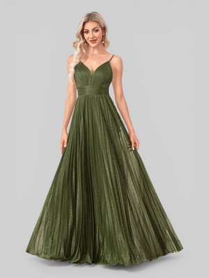 Vestido de Festa Longo Plissado com Brilho Emille