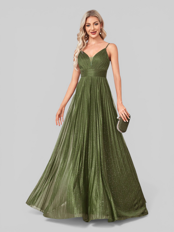 Vestido de Festa Longo Plissado com Brilho Emille