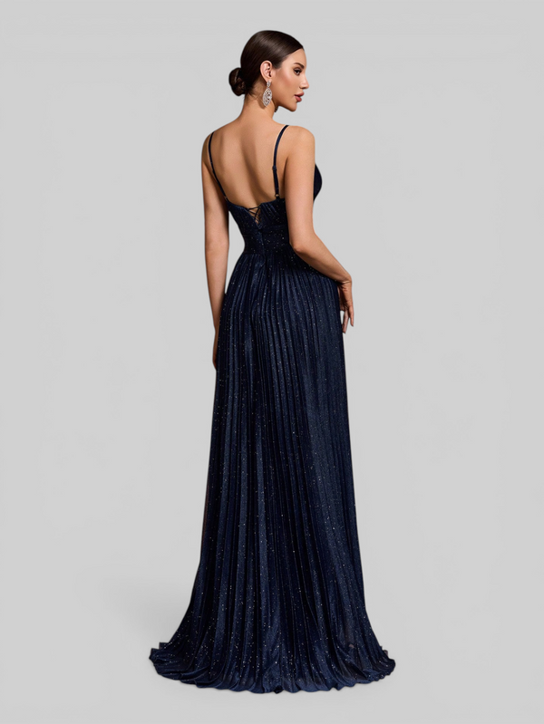 Vestido de Festa Longo Plissado com Brilho Emille