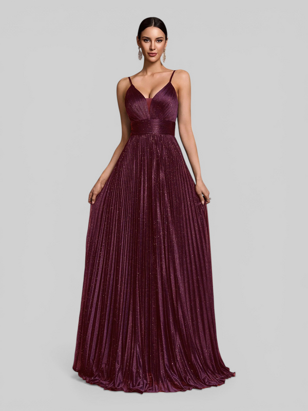 Vestido de Festa Longo Plissado com Brilho Emille