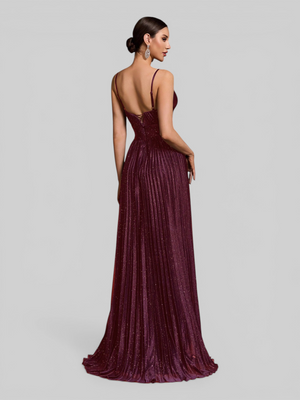 Vestido de Festa Longo Plissado com Brilho Emille