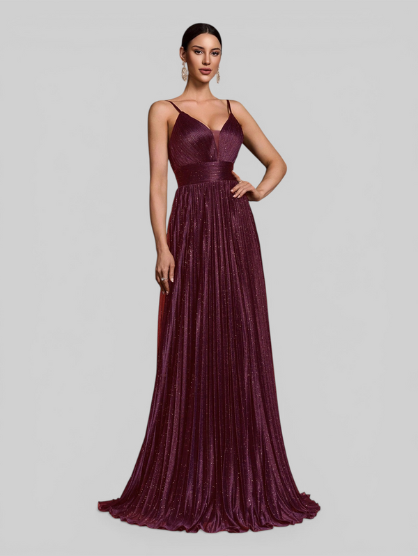 Vestido de Festa Longo Plissado com Brilho Emille