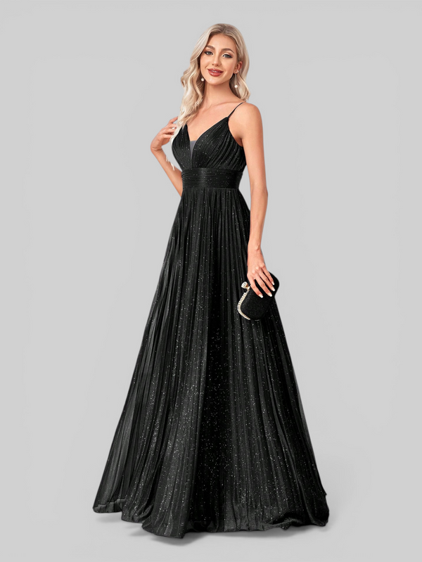 Vestido de Festa Longo Plissado com Brilho Emille