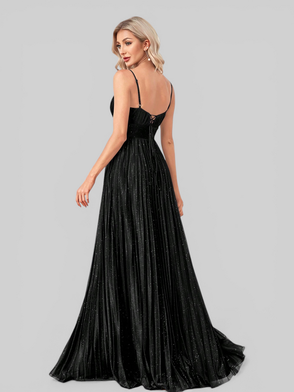 Vestido de Festa Longo Plissado com Brilho Emille