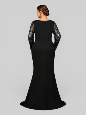 Vestido de Festa Longo Plus Size Manga Longa com Bordado e Apliques