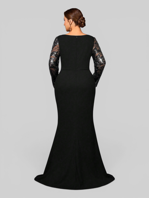 Vestido de Festa Longo Plus Size Manga Longa com Bordado e Apliques