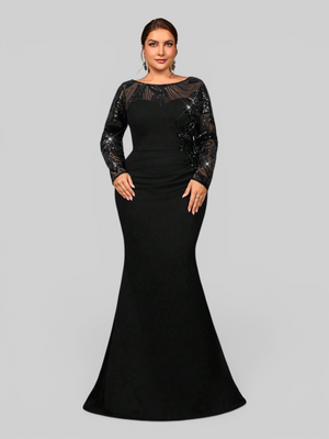 Vestido de Festa Longo Plus Size Manga Longa com Bordado e Apliques