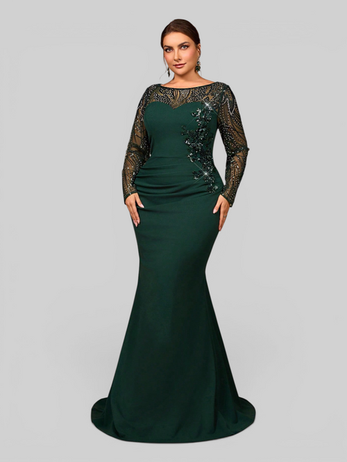 Vestido de Festa Longo Plus Size Manga Longa com Bordado e Apliques