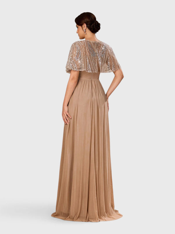 Vestido de Festa Longo Premium Bordado Champanhe Bellinda