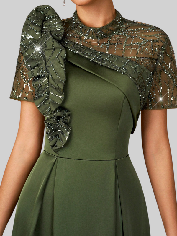 Vestido de Festa Longo Premium Bordado em Paetê Folhagem 3D