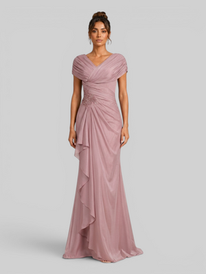 Vestido de Festa Longo Premium Drapeado com Bordado Gola V
