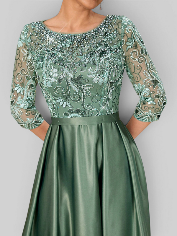 Vestido de Festa Longo Premium Manga 3/4 Bordado Pérolas Magnifica