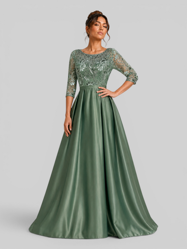 Vestido de Festa Longo Premium Manga 3/4 Bordado Pérolas Magnifica