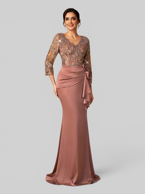 Vestido de Festa Longo Premium Manga 3/4 Pérolas Flowers