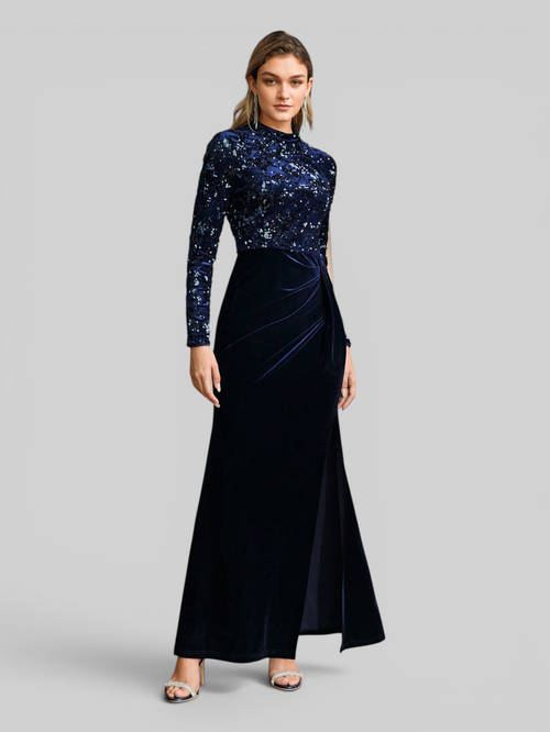 Vestido de Festa Longo Premium Manga Longa Gola Alta Paetê